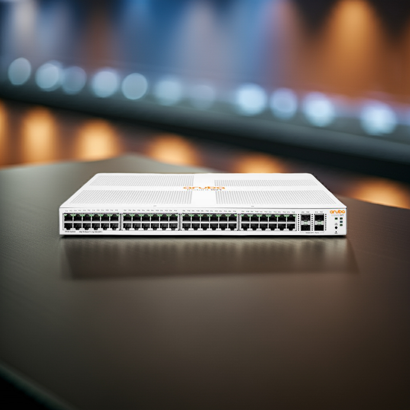 Detalhe das portas 10 Gigabit SFP+ para uplinks de alta velocidade do JL685A.