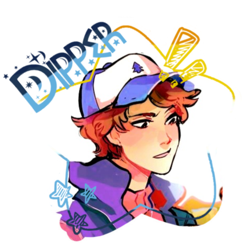 Dipper pines by ikimaru. a white person with brunette hair, wearing a white and blue hat with an orange shirt and blue vest