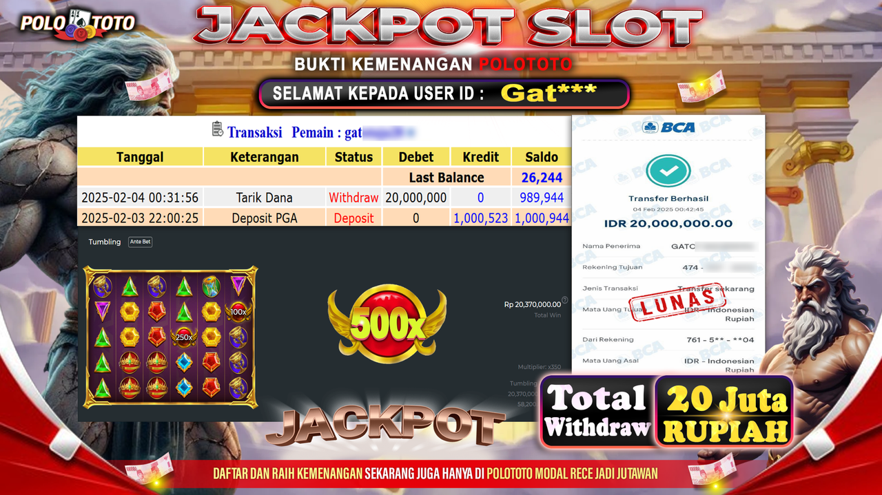 POLOTOTO JACKPOT SLOT GATES OF OLYMPUS Rp.20,000.000,-