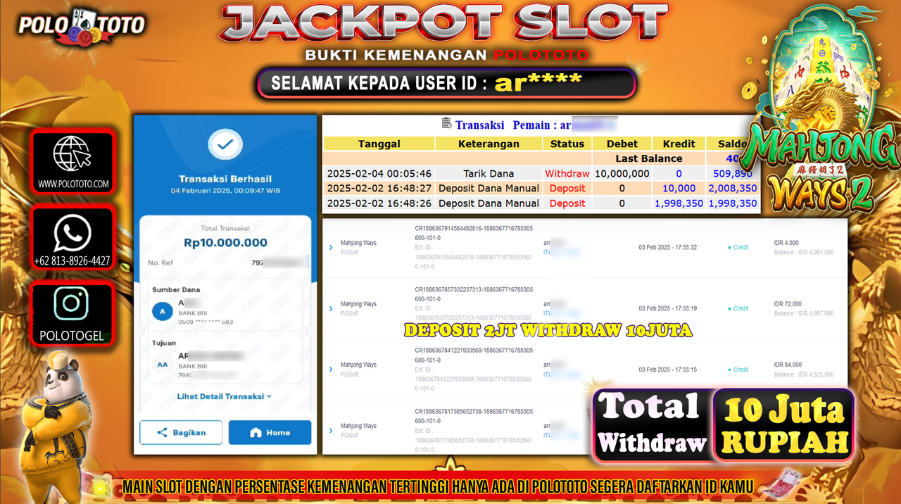 POLOTOTO JACKPOT SLOT MAHJONG WAYS 2 Rp.10,000.000,-