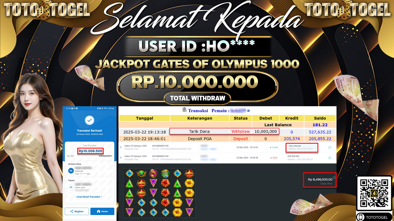 Bukti Pembayaran Jackpot  Permainan Slot Gates Of Olympus 1000 ID:HO**** LUNAS
