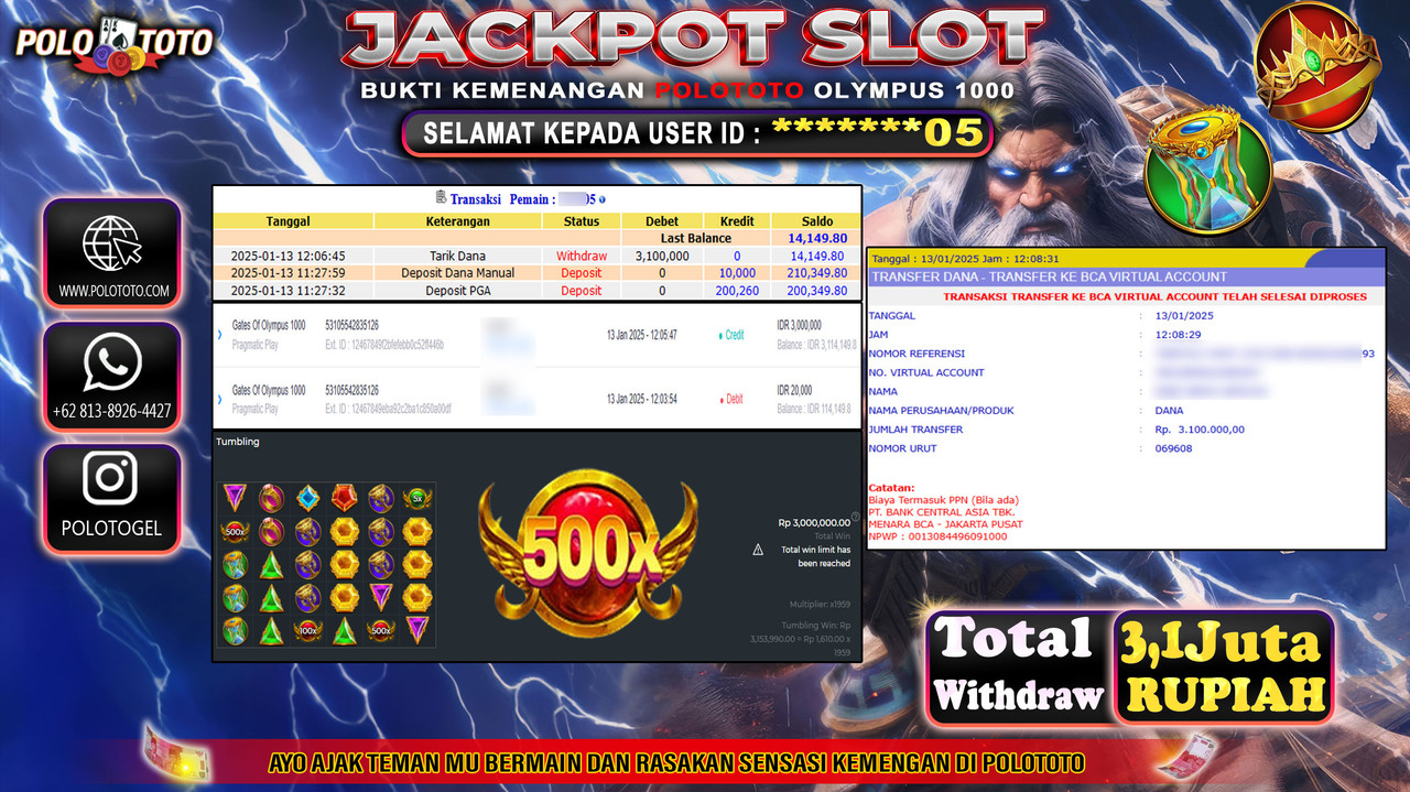 POLOTOTO JACKPOT SLOT GATES OF OLYMPUS 1000 Rp.3,100.000,-