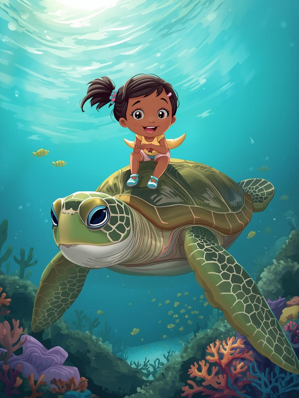 Girl riding sea turtle
