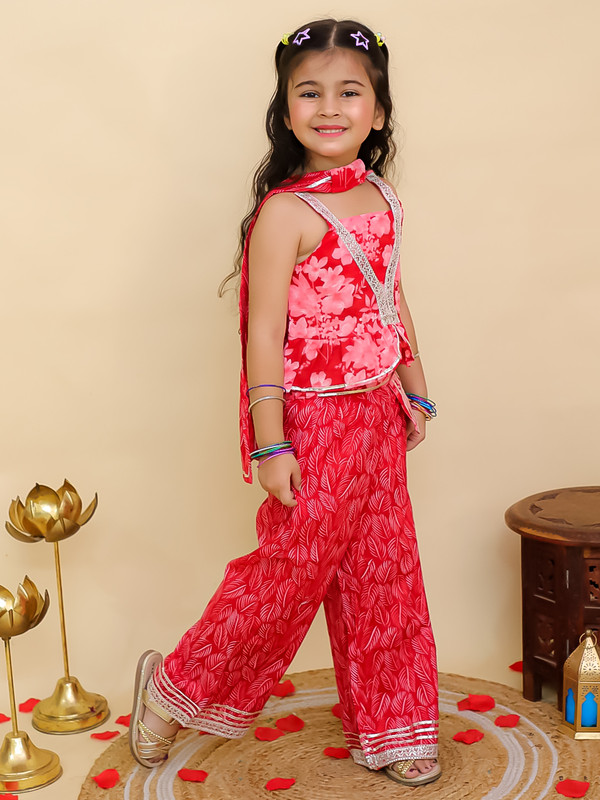 Kids Girls Party Wear Dress Floral Printed Girls Co-Ords Top Bottom Dupatta Set - Picture 16 of 18