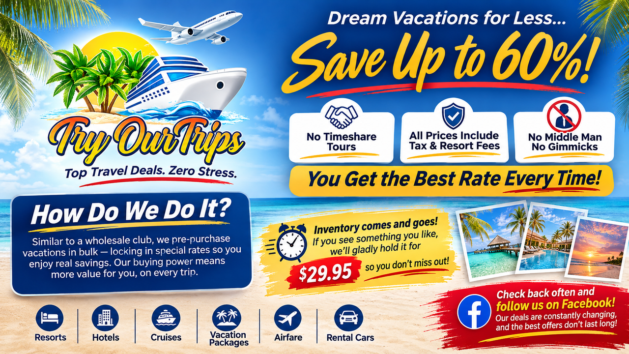 Try Our Trips vacation savings - save up to 60 percent with no timeshare tours