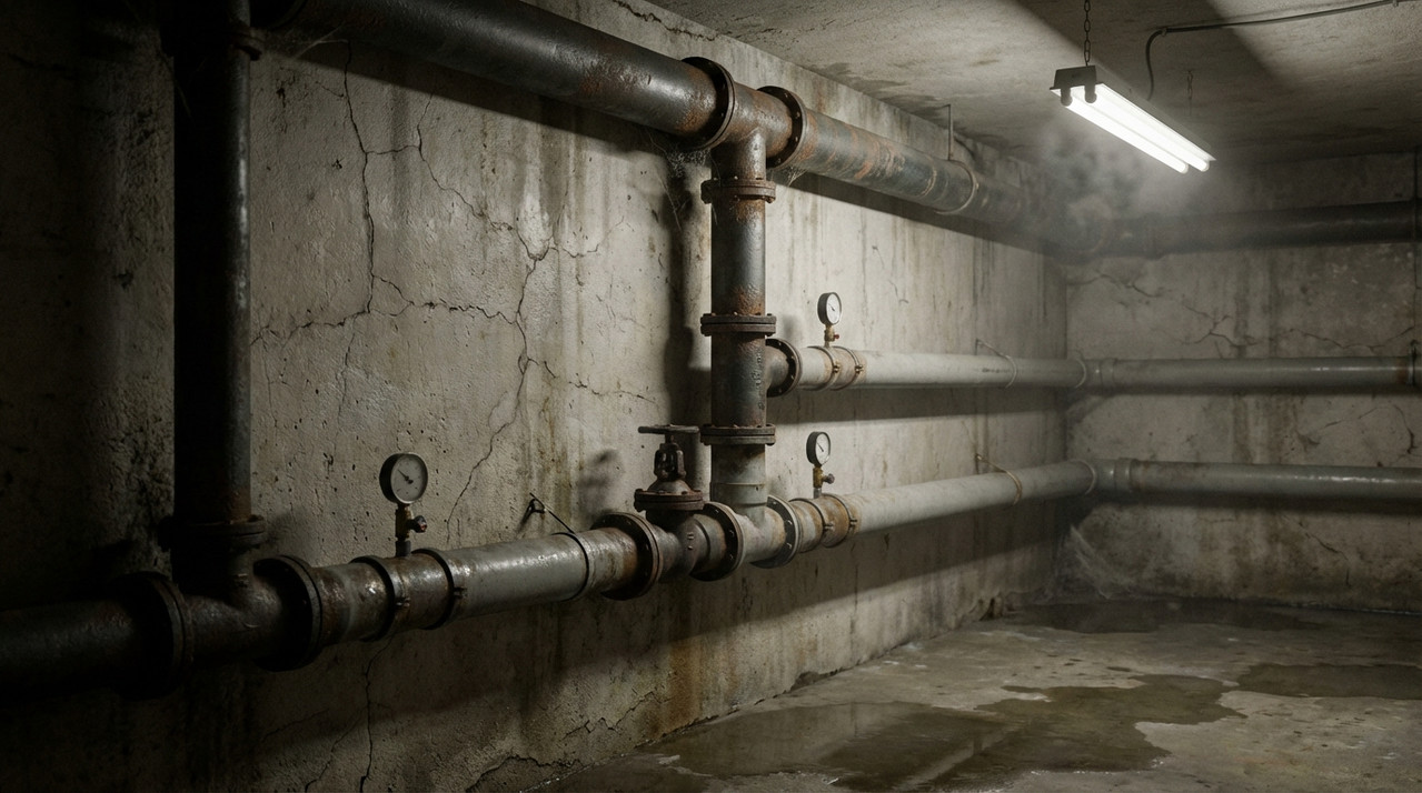 Вид сбоку на участок канализационных труб в подвале многоэтажного дома, где трубы установлены