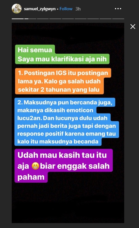Klarifikasi Samuel Zylgwyn terkait berita unggahan Instagram story Franda tahun lalu