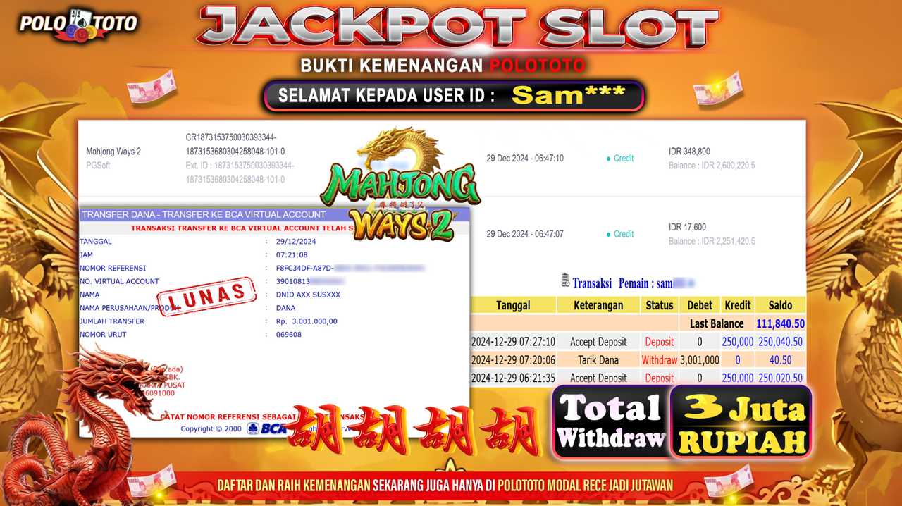POLOTOTO JACKPOT SLOT MAHJONG WAYS 2 Rp.3,001.000,-