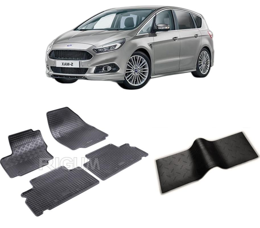 Set covorase auto FORD S-MAX I din 05.2006-08.2015, cu covoras tunel median, CAROSERIE VAN, Presuri cauciuc 100%, compatibil cu autoturismul FORD S-MAX I, Rigum
