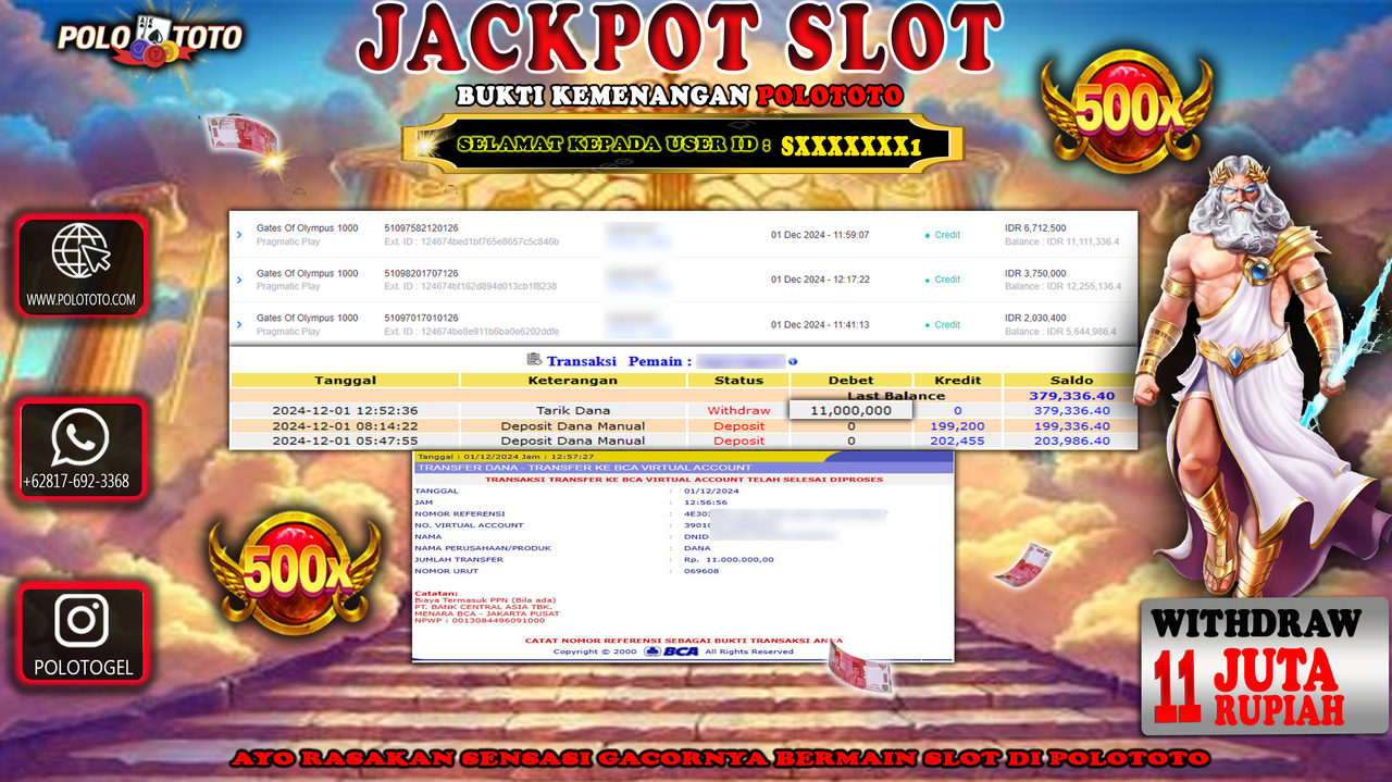POLOTOTO JACKPOT SLOT GATES OF OLYMPUS 1000 Rp.11,000.000,-