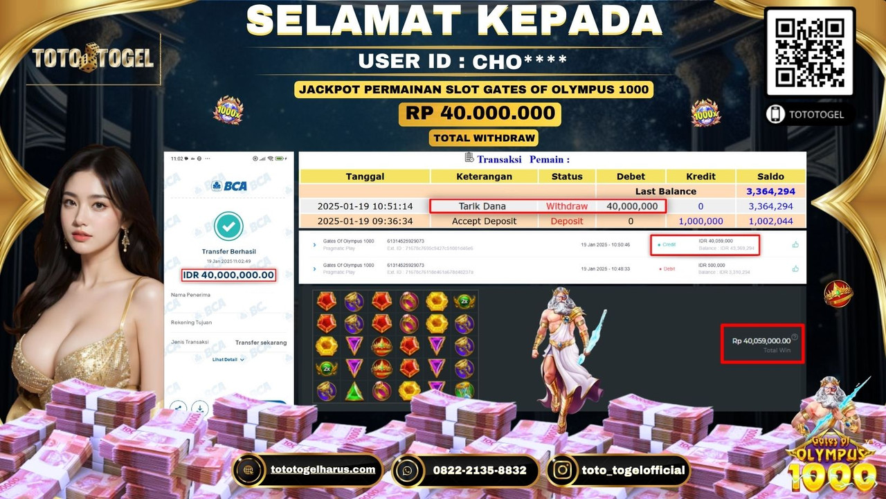 Bukti Pembayaran Jackpot  Permainan Slot Gates Of Olympus 1000  :CHO****  LUNAS
