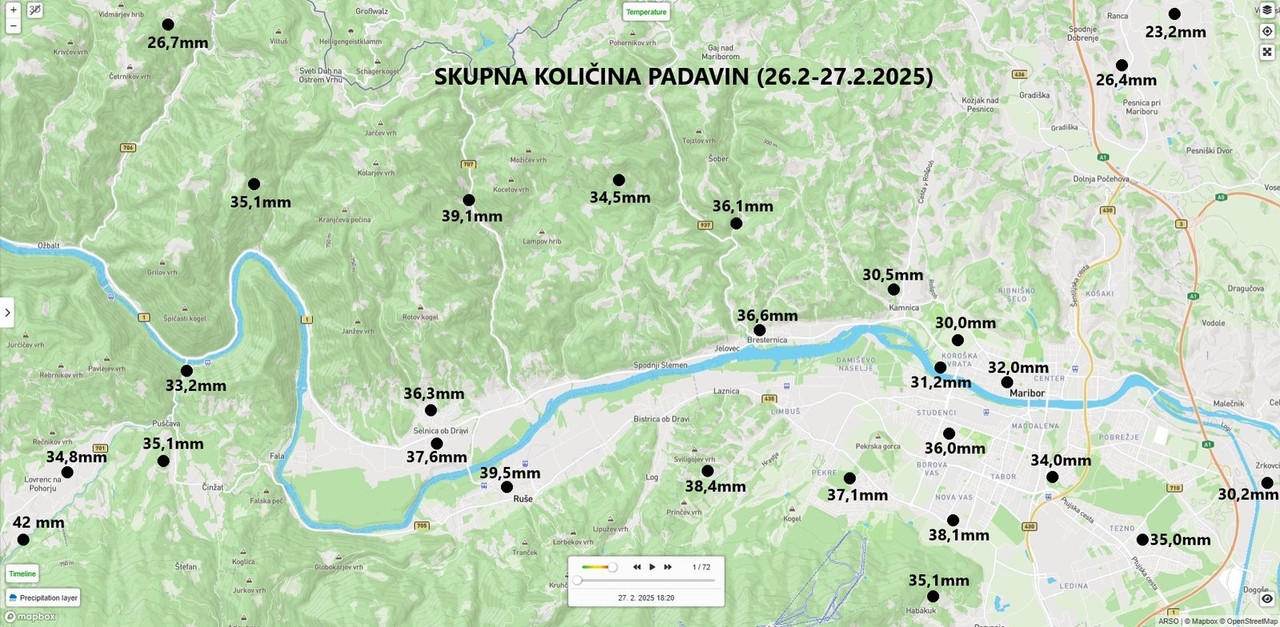 Skupna količina padavin 26.2-27.2.2025 (prikazano na karti in reliefu)
