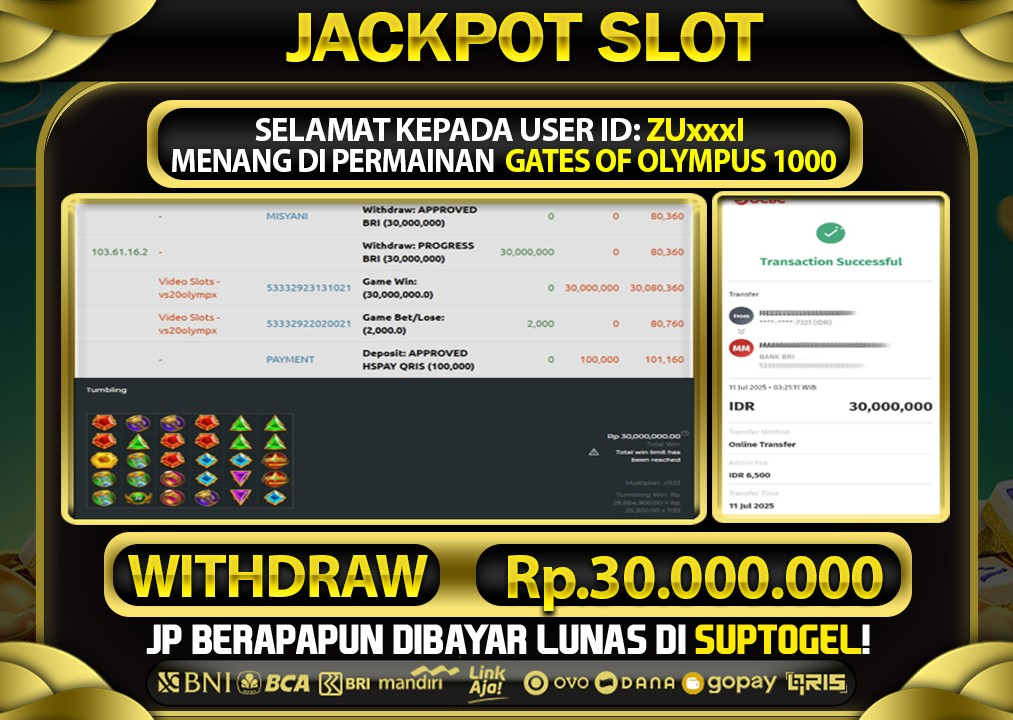  BUKTI KEMENANGAN 10 JULY 2025 MENANG DI PERMAINAN GATES OF OLYMPUS 1000 TOTAL WD 30 JUTA