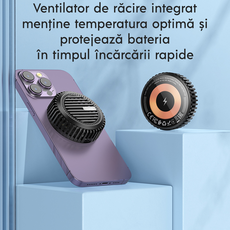 Incarcator Wireless cu ventilator Hoco CW57 pentru telefoane si Apple Airpods, Qi Charging, Incarcare rapida 15W, Negru 7 mpb0 9s