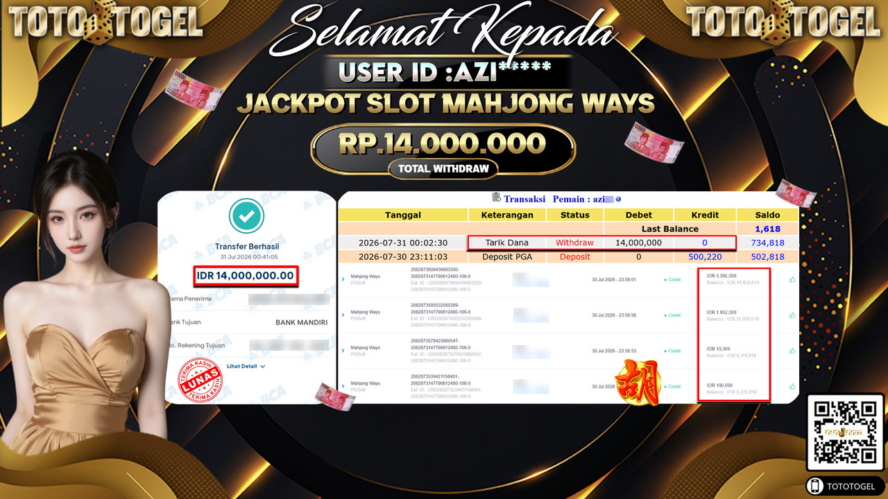 Bukti Pembayaran Jackpot SLOT MAHJONG WAYS ID:AZI**** LUNAS