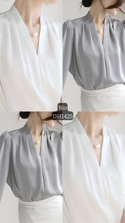 DH1425-Áo Lụa Nữ Trung Niên U30 U40 U50 Cổ V Xếp Li Vai Trơn Kiểu Dáng Sơ Mi_ Áo Cho Mẹ