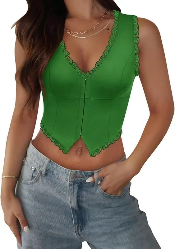 2-Pack Green French Vintage Lace Splice Camisole(S Size) - Slim Fit Halter Top with Back Detail and Button Placket