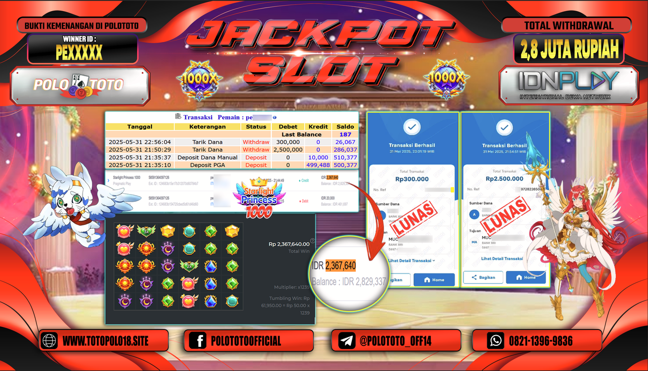 POLOTOTO JACKPOT SLOT STARLIGHT PRINCESS 1000 Rp.2.800.000,-