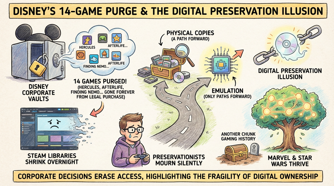 Disney Silently Deletes 14 Classic Games from Steam - Preservation Nightmare Unfolds 1 Vintage Disney game cartridges stacked on old CRT television