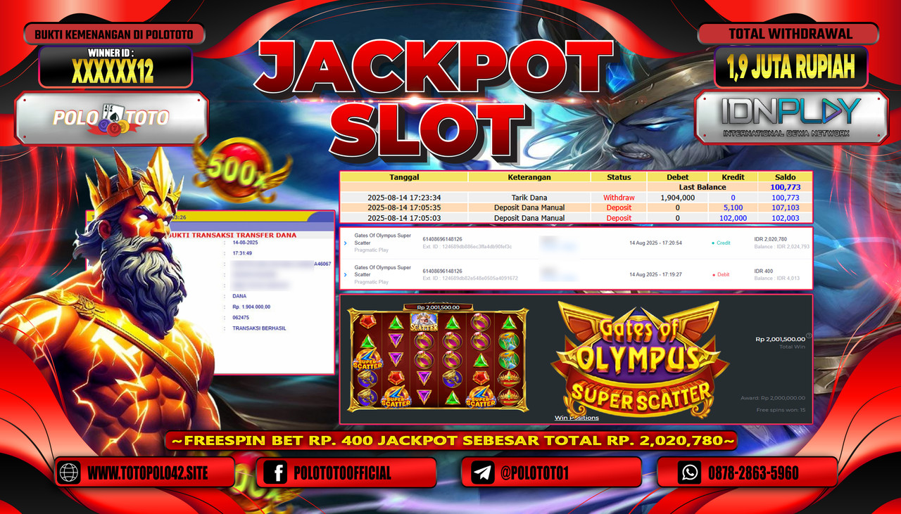 POLOTOTO JACKPOT SLOT GATES OF OLYMPUS SUPER SCATTER Rp.1.900.000,-LUNAS