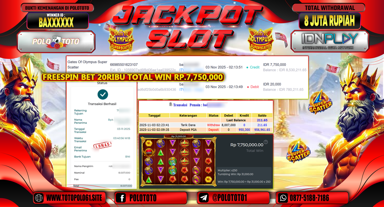POLOTOTO JACKPOT SLOT GATES OF OLYMPUS SUPER SCATTER Rp.8.000.000,- LUNAS