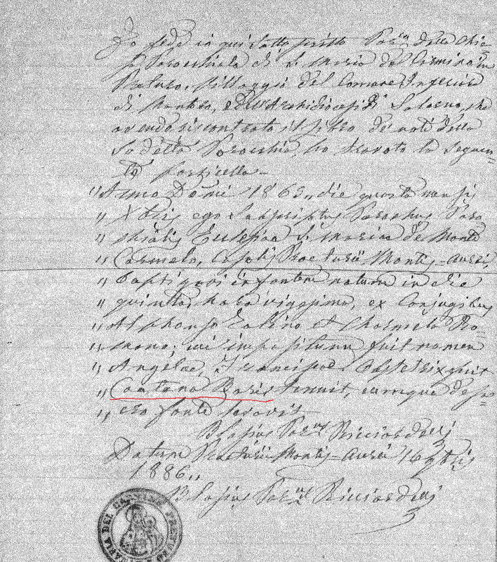 Angela Francesca Tolino, Baptism, 4 Dec 1865, rev underlined