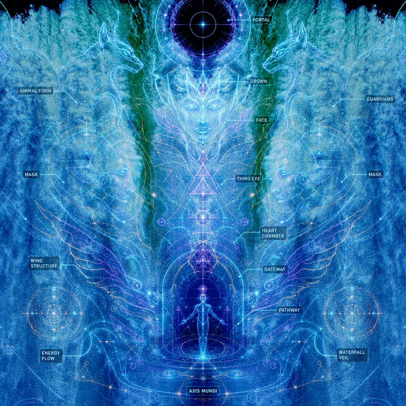 Mystical cosmic blueprint with guardians