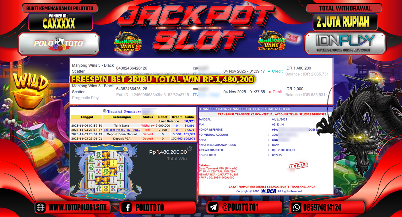 POLOTOTO JACKPOT SLOT MAHJONG WINS 3 - BLACK SCATTER Rp.2.000.000,- LUNAS