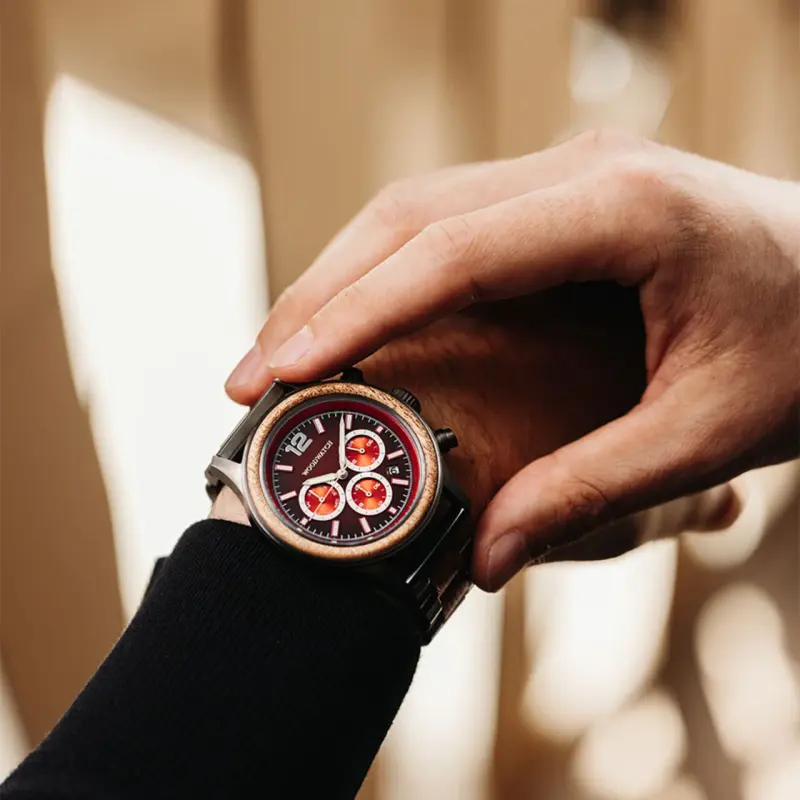 Crimson-wooden-watch-by-Wood-Watch-Durable-father-of-the-groom-gift-with-red-dial-and-acacia-wood