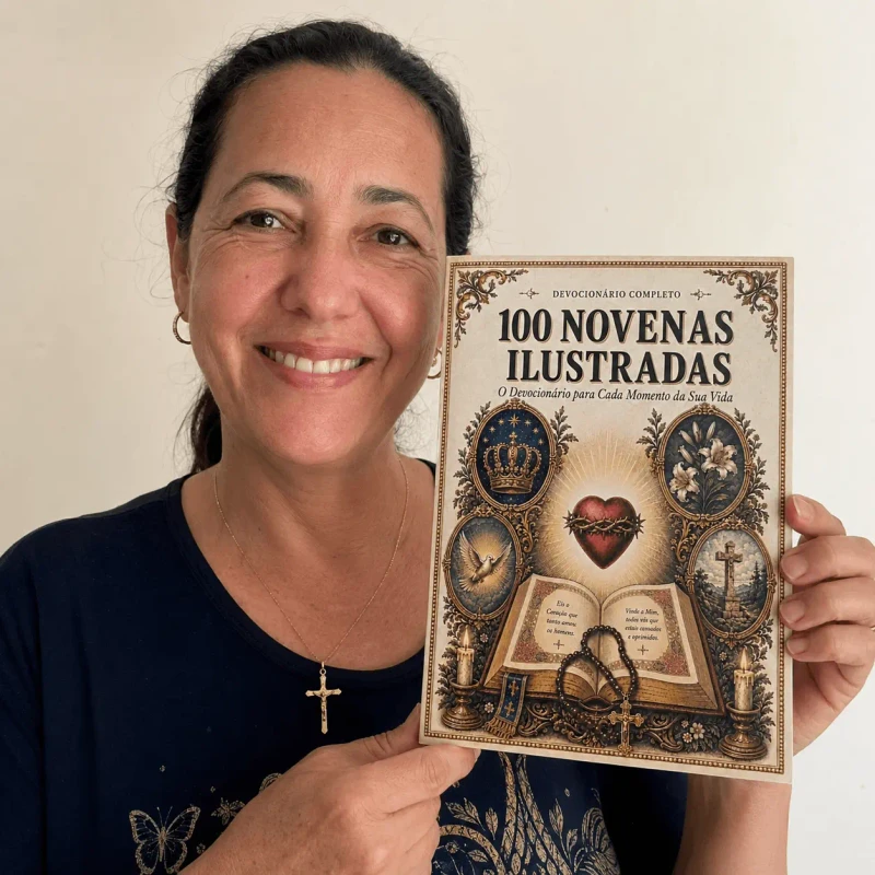 Pessoa mostrando o devocionário 100 Novenas Ilustradas