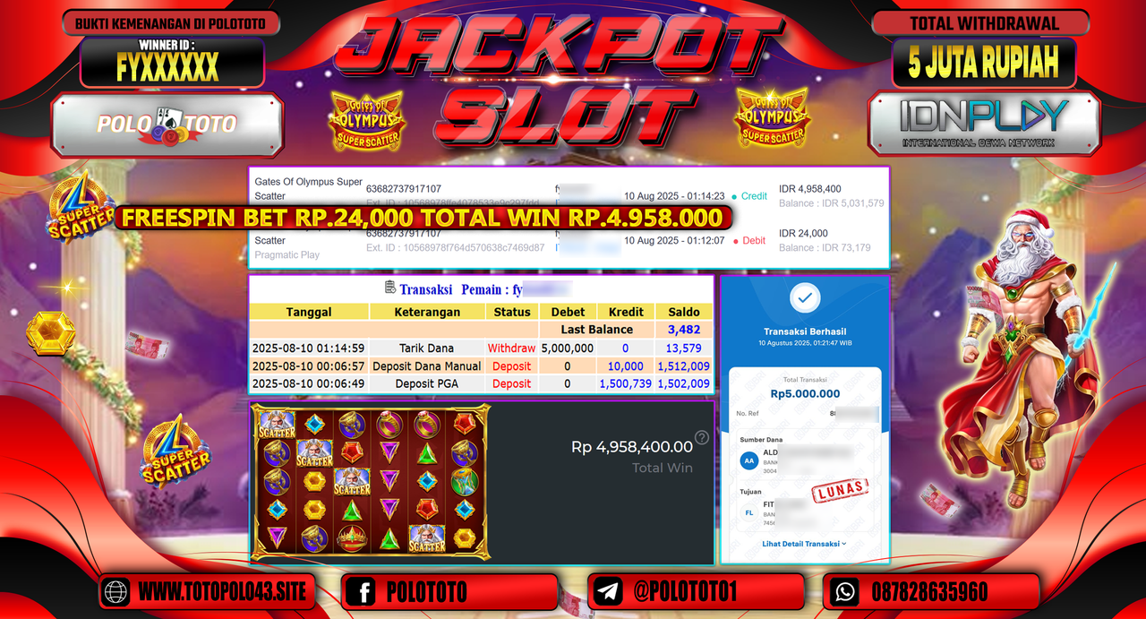 POLOTOTO JACKPOT SLOT GATES OF OLYMPUS SUPER SCATTER Rp.5.000.000,-LUNAS