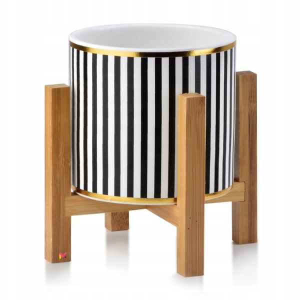 Ghiveci ceramic pentru flori Luxury cu suport din lemn, Ø 12,5, Inaltime 16.5 cm, Alb / Negru / Auriu - Ghivece pentru flori - Mercaton Store