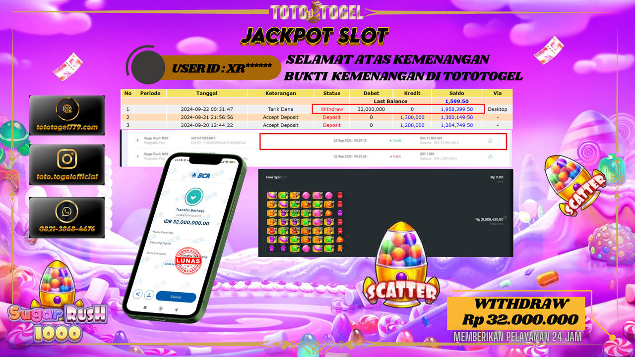 Bukti Kemenangan Permainan Slot Sugar Rush 1000 Dengan ID : XR****** Terbayar Lunas!!