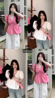 DH1503-Áo sơ mi nữ ngắn tay cổ V trẻ trung, sơ mi tay phồng dáng rộng kiểu cổ điển SM17