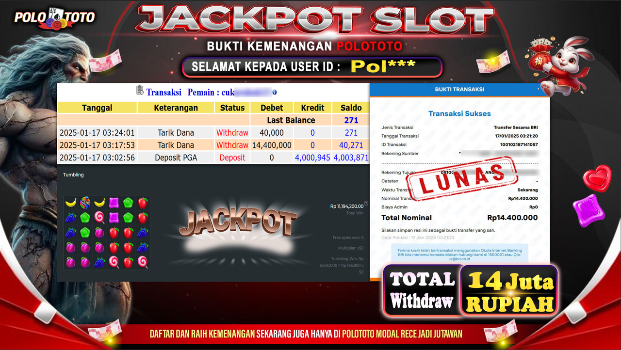 POLOTOTO JACKPOT SLOT SWEET BONANZA 1000 Rp.14,440.000,-