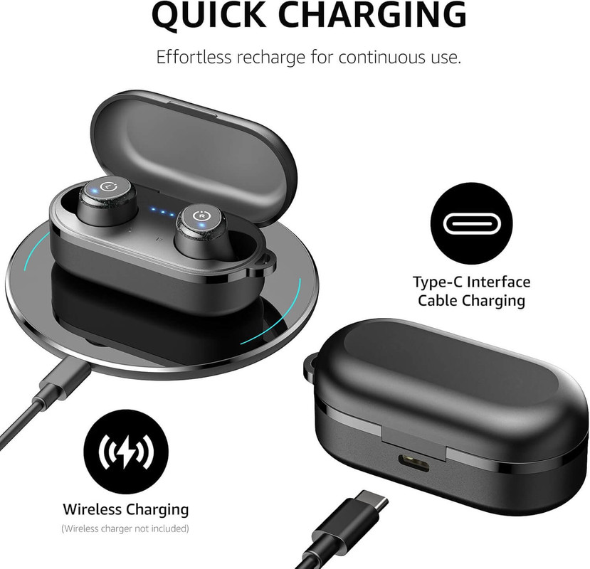 TOZO T10 earbuds in charging case, front view