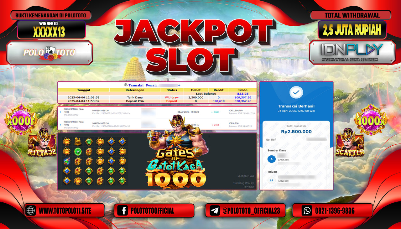 POLOTOTO JACKPOT SLOT GATES OF OLYMPUS 1000 Rp.2.500.000,-