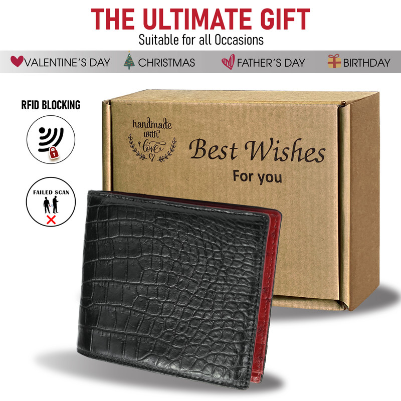 【メール便無料】 Genuine Black Crocodile Ostrich Leather Bifold Wallet 小物