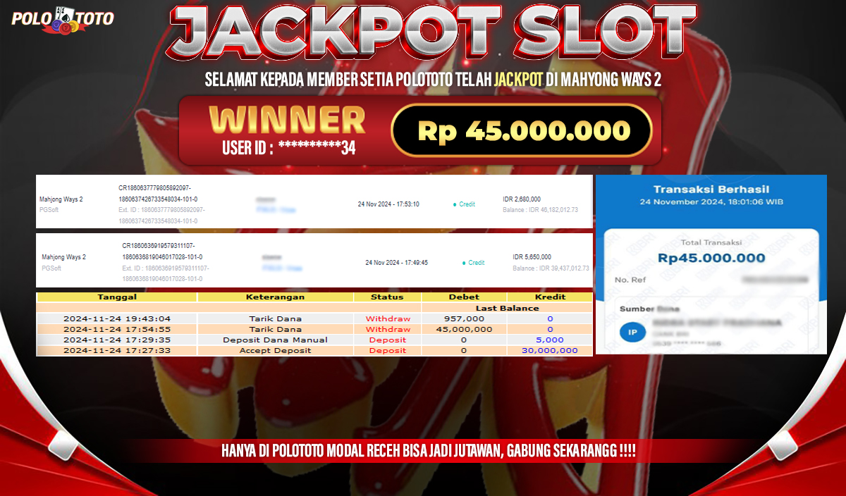 POLOTOTO JACKPOT SLOT MAHJONG WAYS 2 Rp.45.000.000,- 