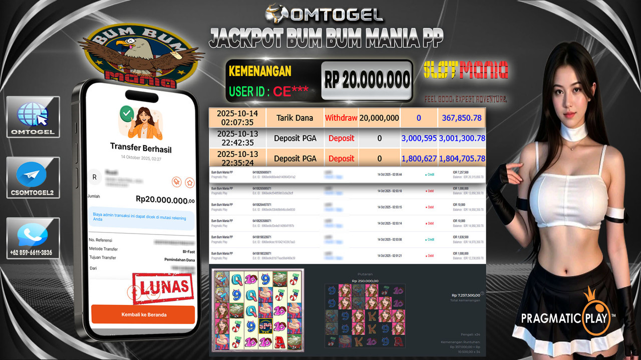 OMTOGEL JACKPOT PRAGMATIC PLAY BUM BUM MANIA PP 20 JUTA DI BAYAR LUNAS ,-