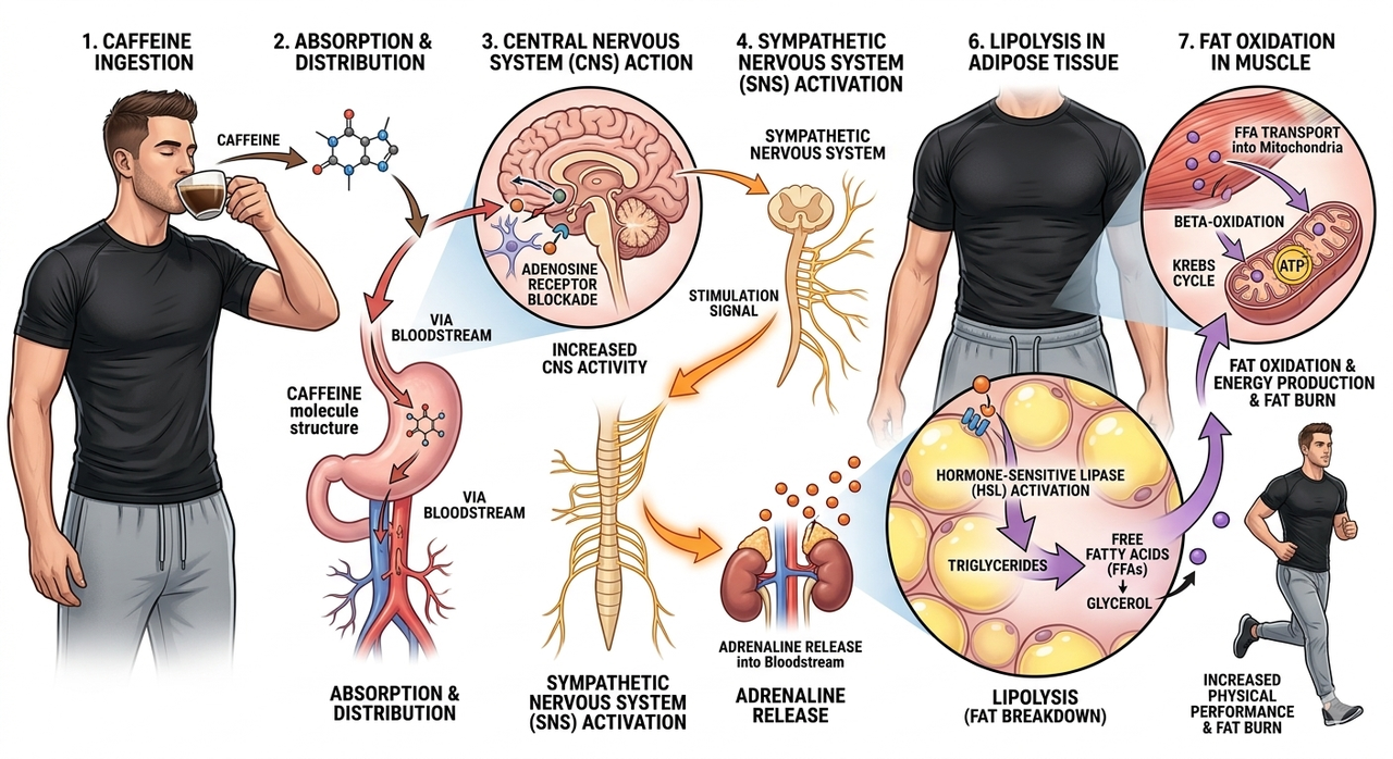 Diagram showing caffeine mechanism from ingestion to fat oxidation via sympathetic nervous system and lipolysis pathway for weight loss