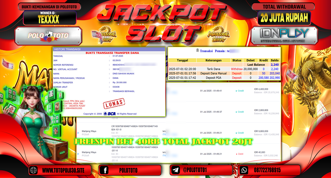 POLOTOTO JACKPOT SLOT MAHJONG WAYS Rp.20.000.000,- LUNAS
