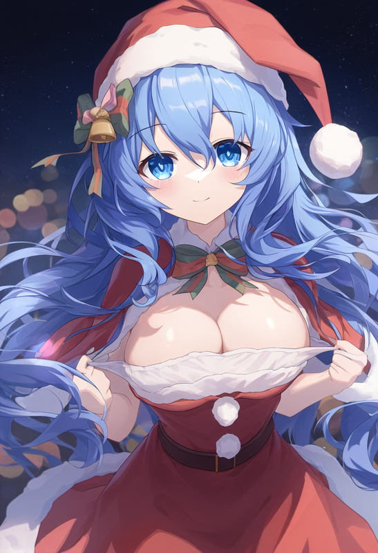 1girl, yoshino (date a live), blue eyes, blue hair, large breasts, santa costume s-3286433229