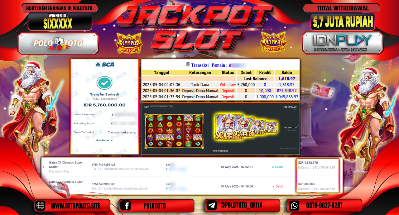 POLOTOTO JACKPOT SLOT GATES OF OLYMPUS SUPER SCATTER Rp.5.760.000,-
