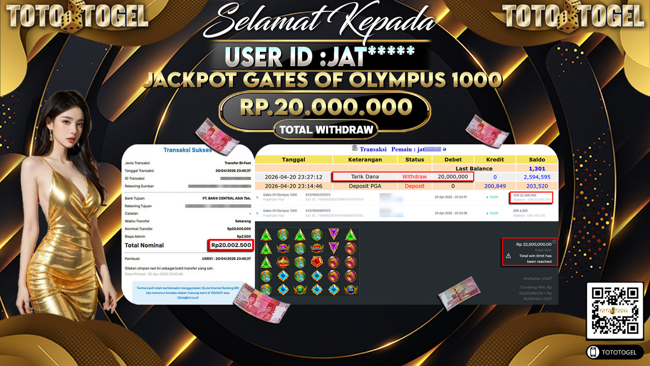Bukti Pembayaran Jackpot Permainan Slot Gates Of Olympus 1000 ID:JAT*****LUNAS
