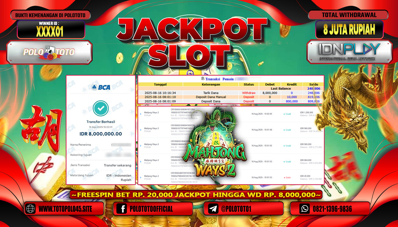 POLOTOTO JACKPOT SLOT MAHJONG WAYS 2 Rp.8.000.000,- LUNAS