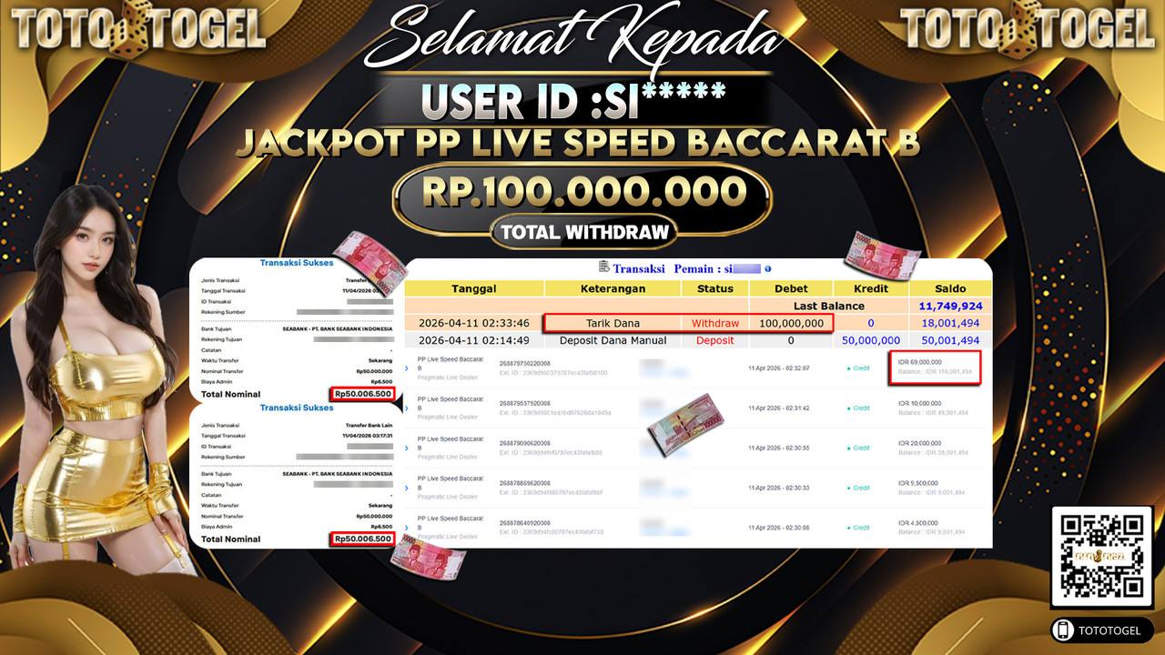 Bukti Pembayaran Jackpot Permainan Pragmatic Live PP Live Speed Baccarat B ID:SI*****LUNAS