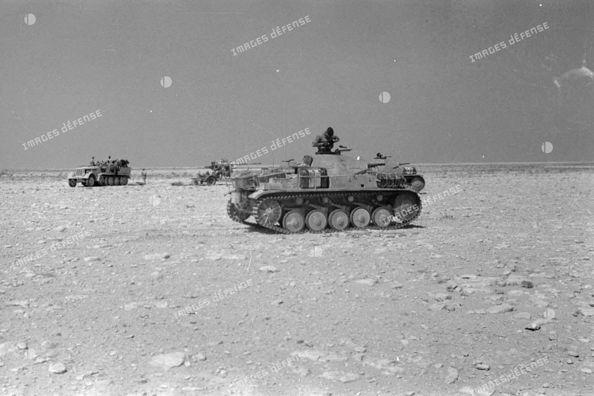 Deux chars Panzer II (Pz-II) du Panzer-Regiment 8 (Pz-Rgt-8) sont arrêtés devant un canon de 8,8 cm 