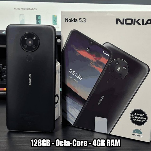 Smartphone Nokia 5.3 128GB Dual SIM 4GB RAM Tela 6,55 Pol. Câmera Quádrupla com IA + Lentes Ultra-Wide Carvão NK007