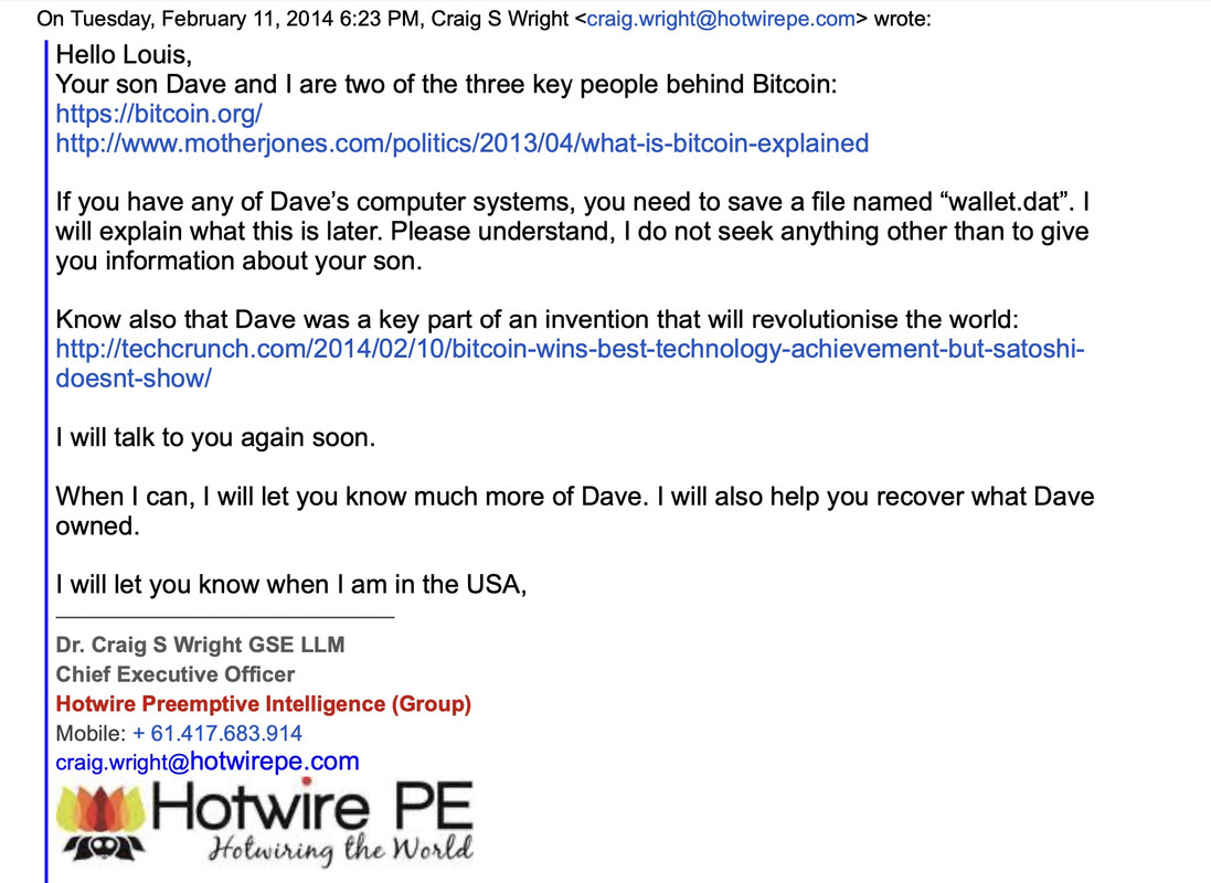 Craig Wright's email to Louis Kleiman